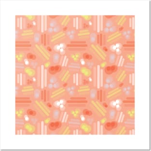 Abstract geometric shapes. Stripes rectangles dots bubbles circles orange coral white pink yellow on a peach background. Layered geometric shapes. Posters and Art